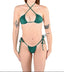 A model is wearing a jungle green bikini bottom with a high-waisted design. The bottoms feature a tie-up bow detail at the waist.