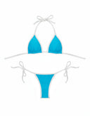 A model wearing a blue and white string bikini top with a unique triangle design.