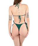 Green shimmer bikini with thin straps on a white background