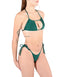 A model wearing green Amora bottoms with tie sides, standing against a white background.