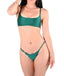 A female model wearing a jungle green sleeveless swimwear top and matching bottoms.