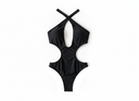 Black one-piece swimsuit with criss-cross straps on a white background