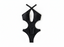 Black one-piece swimsuit with criss-cross straps on a white background