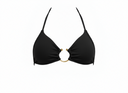 Black bikini top with gold accents on a white background